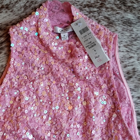 Cache Tops - NWT Cache Pink Lace Embellished Halter Top M